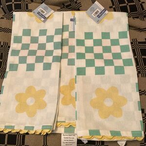 LOT of 3 Kitchen Tea Towels Retro VTG Style Green Checkerboard Yellow Flower Set